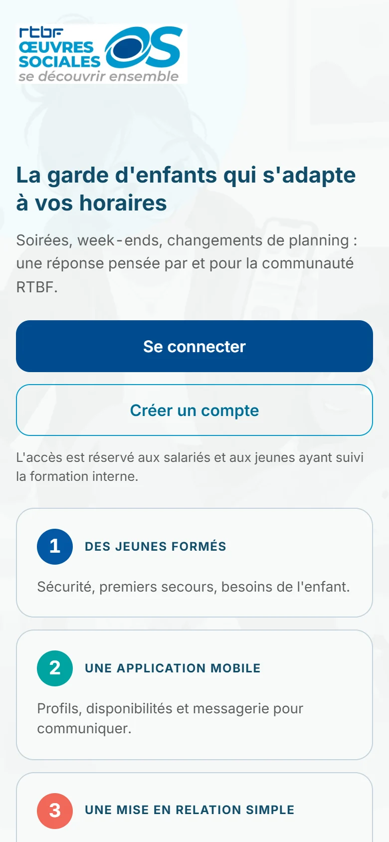 Capture d'écran de la page d'accueil de la plateforme de babysitting sur smartphone