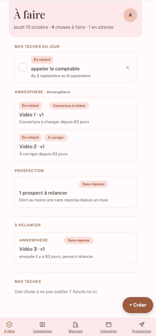 Capture d'écran de la liste des tâches du jour dans l'application, sur smartphone